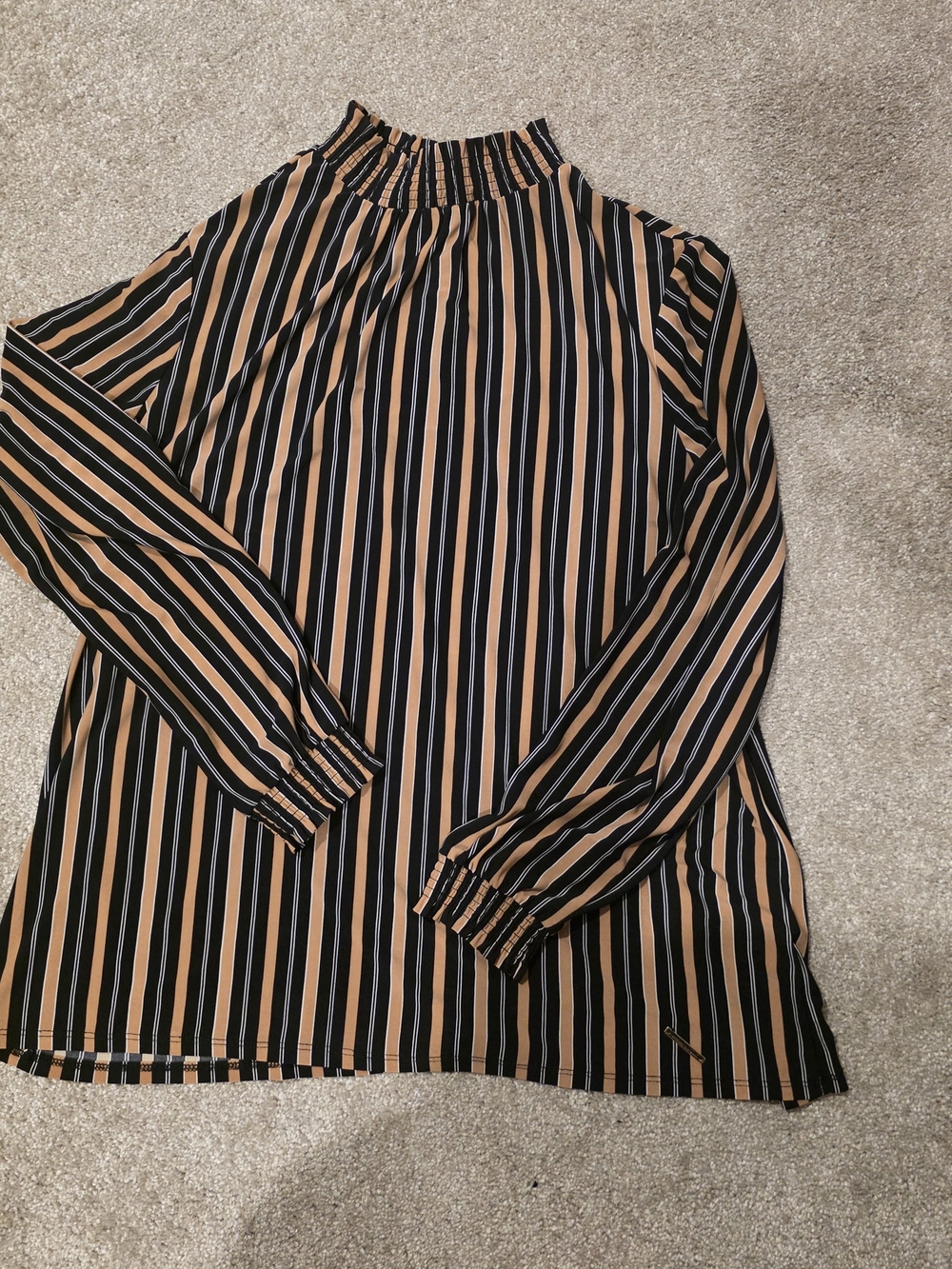 Striped Mock-Neck Blouse in Black & Tan